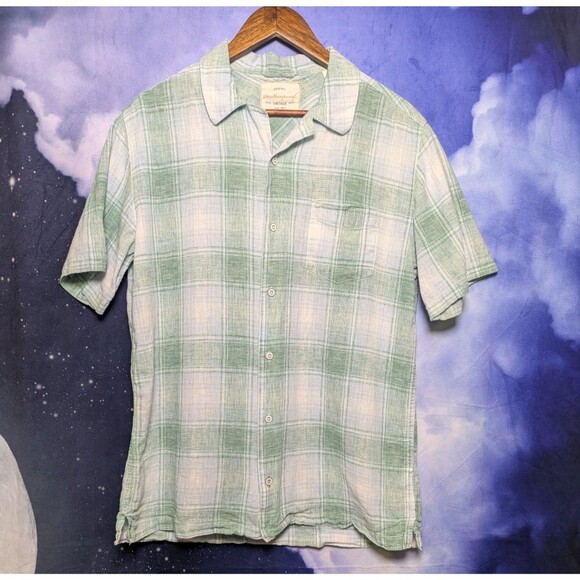 Green Linen Blend Plaid Short Sleeve Shirt Men's Medium Camp Lightweight Summer - Picture 1 of 7